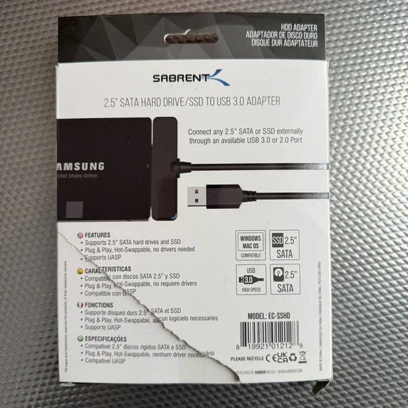 Sabrent SATA to USB Cable - USB 3.0 to 2.5” SATA I/II/III Hard Drive Adapter - Picture 2 of 6